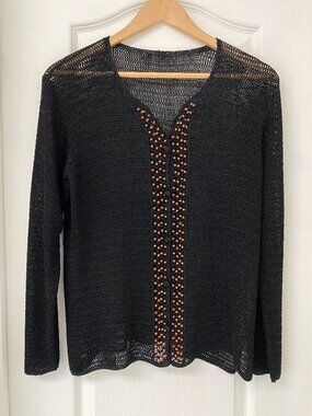 Black Crochet Knit Top with Wooden Bead Detail Boho Open Knit Sweater